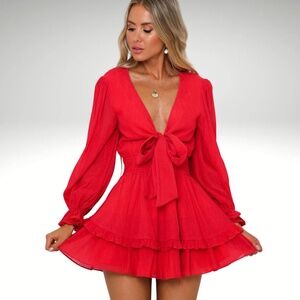 Hello Molly Red Tie Front Long Sleeve Ruffle Mini Dress NWT Size S Boho Festival